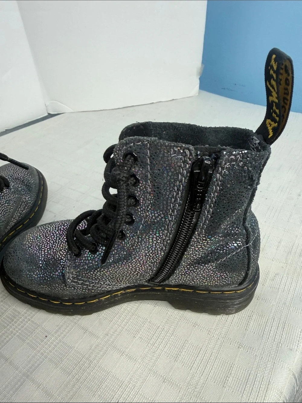 Dr. Martens Pascal Lace Up Boots Black Suede Outer Iridescent Foil Kids Girls 11